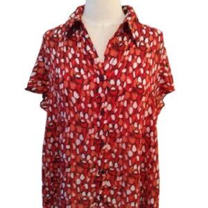 Sere Nade Button Down Red Confetti Career Blouse Top, Red Multi, Size 1X